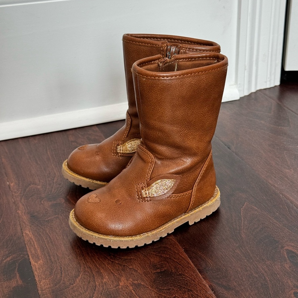 Toddler Girls Brown Reindeer Vegan Leather Boots, Glitter Accents, size 5